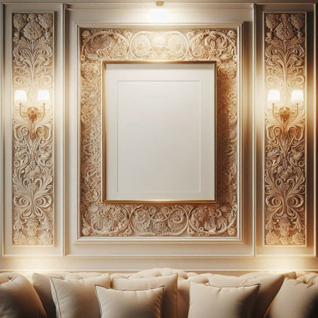Mock up blank frame in classic interior background. 3D render illustrationの写真素材