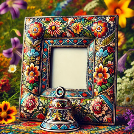 Vintage photo frame with floral ornaments in the meadowの写真素材