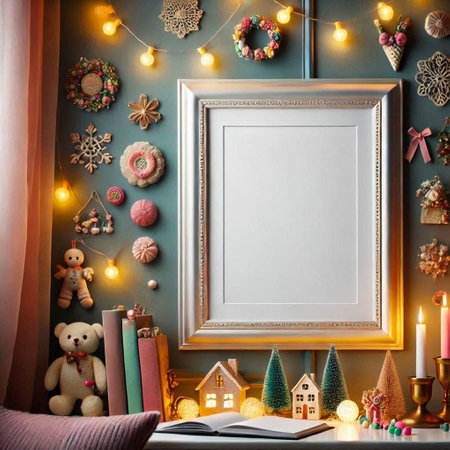 Mock up blank frame in children's room with Christmas decorations. Christmas background.