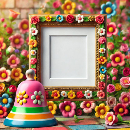 Photo frame with colorful flowers and bell on the background of the garden