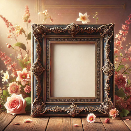 Vintage photo frame with flowers on wooden background. 3d renderingの写真素材