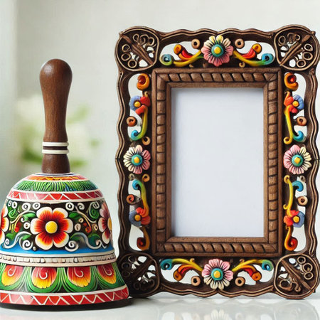 Vintage photo frame with decorative ornaments on the table.の写真素材