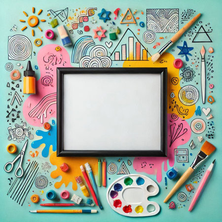 Frame with school supplies and stationery on blue background, top viewの写真素材