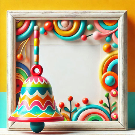 Vintage frame with colorful candies and bell on a yellow backgroundの写真素材