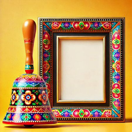 Vintage picture frame and bell on yellow background, retro style.の写真素材