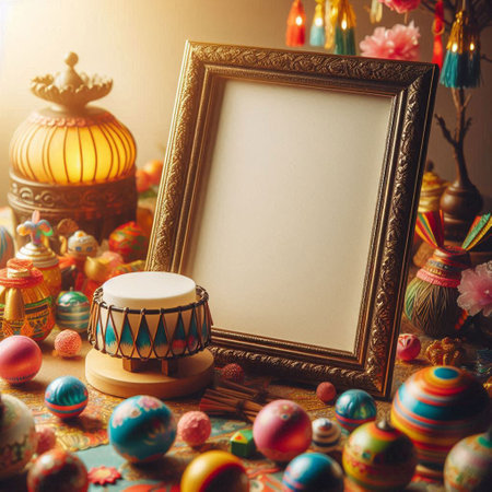 Vintage photo frame on the table with easter eggs and drumの写真素材
