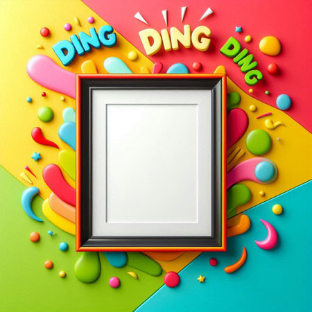 Photo frame on colorful background, top view with space for your text