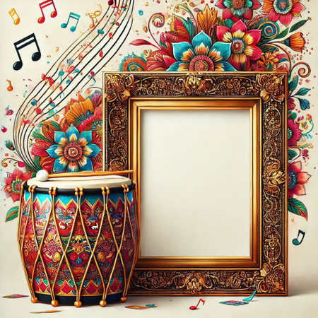 Old frame with musical notes and drum. Colorful floral background.