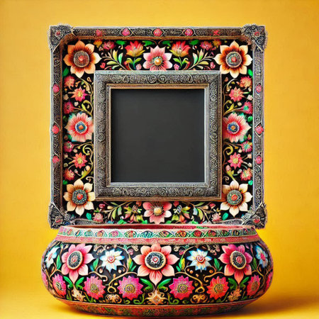 Vintage photo frame with floral pattern on yellow background, copy space.の写真素材