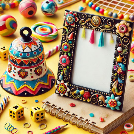 Photo frame with candies, lollipops and sweets on yellow backgroundの写真素材