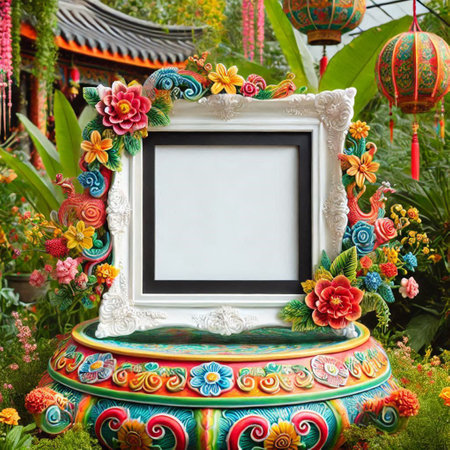 Picture frame in the garden decorated with flowers and plants. Decoration concept.