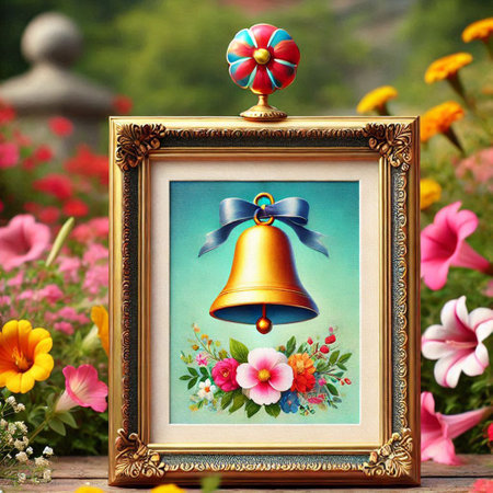 Image of a vintage photo frame with a bell and colorful flowers.