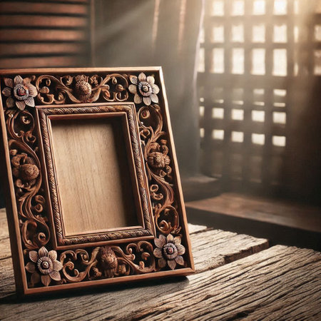 Wooden photo frame on a wooden table. Vintage style. Selective focus.の写真素材