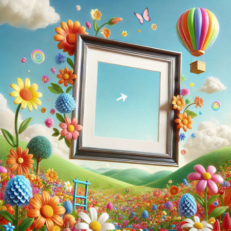 Picture frame with colorful flowers and balloons in the sky, 3d illustration