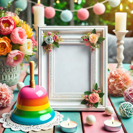 Blank photo frame with candlestick, flowers and candles on a wooden table
