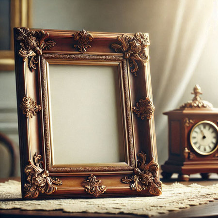 Vintage photo frames on the table in the interior of the roomの写真素材