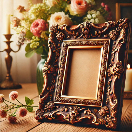 Vintage photo frame with floral decoration on wooden background. Retro style.の写真素材