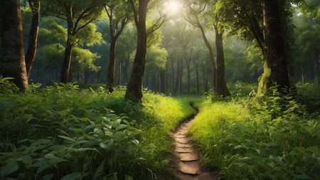 Sunset in the summer forest. The path in the morning forest.