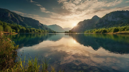 Panoramic view of the beautiful lake in the mountains at sunset