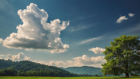 Landscape of green meadow and blue sky with white clouds.