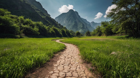 Panoramic view of a path in the middle of a green meadowの写真素材