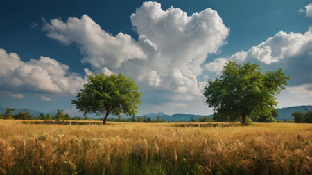 Summer landscape with wheat field and blue sky. Panoramic view.