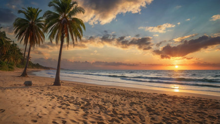 Palm trees on the beach at sunset. Seascape.の写真素材