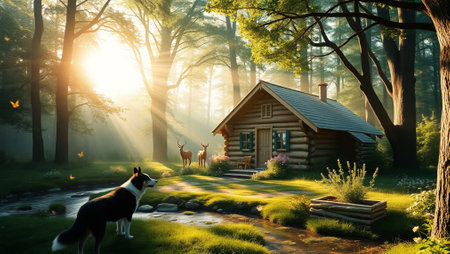 Cottage in the forest at sunrise. Dog and deer in the forest.の写真素材