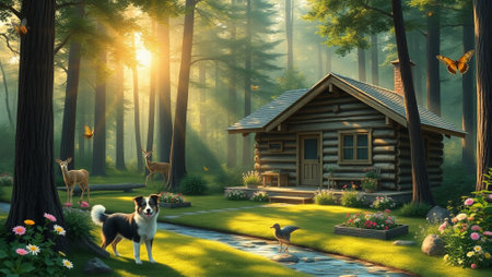 Wooden cottage in the forest at sunrise. 3d illustration.の写真素材