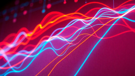 abstract background with red and blue neon lines on a dark background