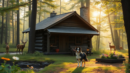 Wooden cottage in the forest with a dog and a deer.の写真素材