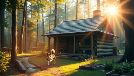 Wooden cottage in the forest with dog in the evening light.の写真素材