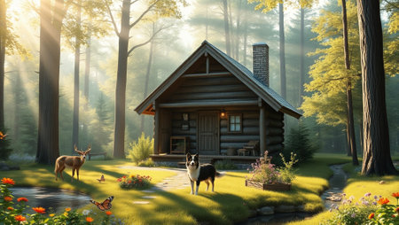 3d render of a wooden house in the forest with a dogの写真素材
