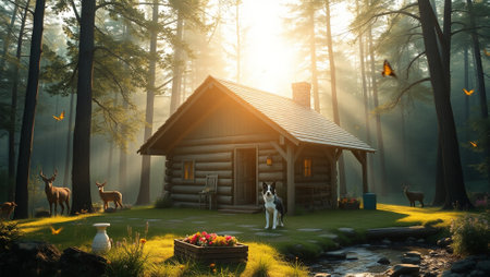 Wooden cottage in the forest at sunrise. 3d rendering.の写真素材