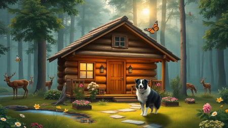 Wooden cottage in the forest with a border collie. 3d renderingの写真素材