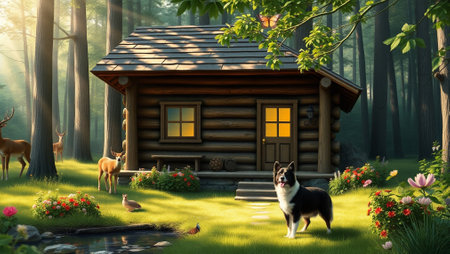 3D rendering of a wooden house with a dog in the forestの写真素材