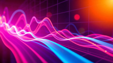 3d illustration of abstract background with dynamic waves, lines and bokehの写真素材