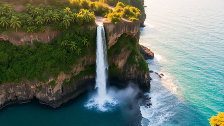 Aerial view of waterfall on the islandの写真素材