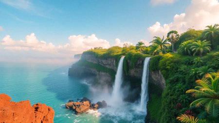 Panoramic aerial view of a waterfall, Bali, Indonesiaの写真素材
