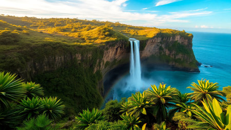Waterfall on the Nusa Penida island, Indonesiaの写真素材