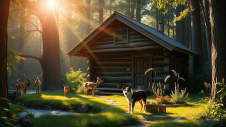 Wooden house in the forest at sunset with a dog and deer