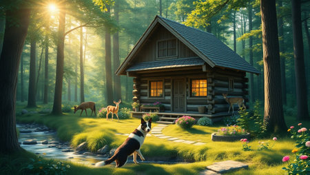 Beautiful landscape with a wooden house and a dog in the forestの写真素材