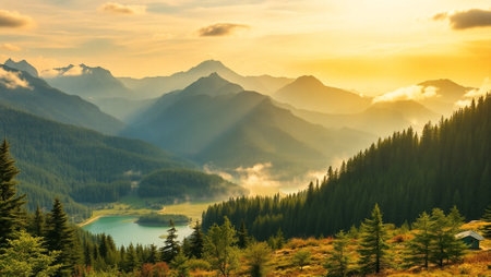 Mountain landscape with lake and forest at sunset. Nature background.の写真素材