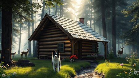 3D render of a wooden house with a dog in the forestの写真素材