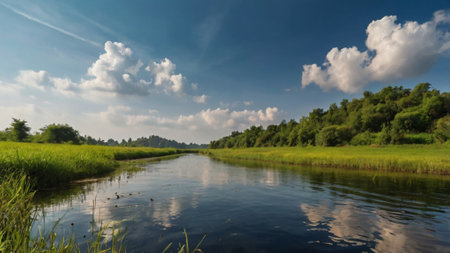 Landscape of rice field and river with blue sky background, Thailand.の写真素材