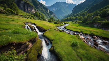 Panoramic view of a mountain river in the Caucasus mountains.