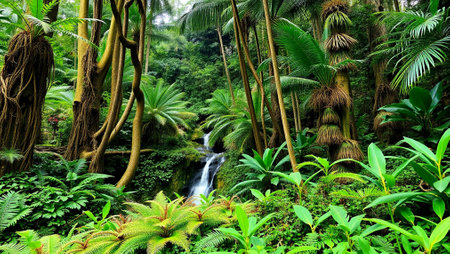 Tropical rainforest with waterfall and ferns in Hawaiiの写真素材