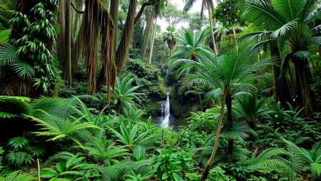 tropical rainforest with waterfall and ferns in the rainforestの写真素材