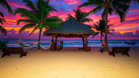 beautiful sunset on the beach with hammock and palm trees.の写真素材