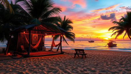 Beautiful tropical beach at sunset with palm trees and sunbedsの写真素材